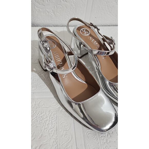 Sam and Libby Slingback Mary Jane Pumps Block Heel Womens 8 Silver - Picture 8 of 12